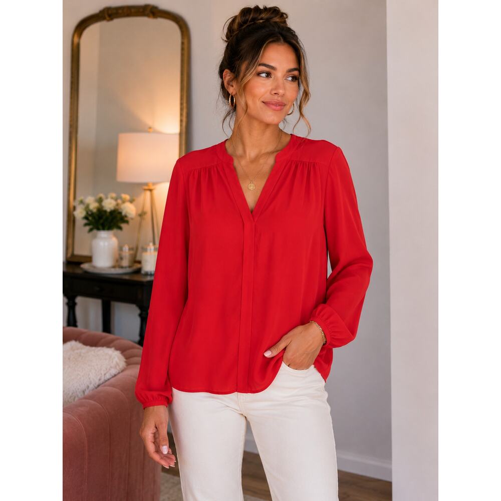 Bellatrix Coral Pink Blouse – Size Medium – Lightweight V-Neck Long Sleeve Top